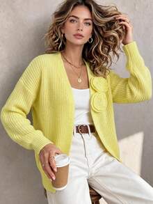 Women's V-Neck 3D Floral Decor Knitted Cardigan, Loose Drop Shoulder Long Sleeve Front Open Sweater - Yellow - View 7