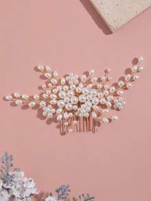 1pc Faux Pearl Beaded Minimalist Hair Comb, Suitable For Bride Wedding, Daily, Party And Festival, Elegant Hair Accessory For Women - Gold - View 3