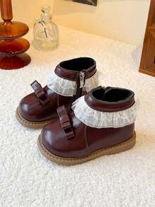 1 Pair Girls' Lace Trim Thermal Lined Ankle Boots, 2026 Autumn/Winter ...