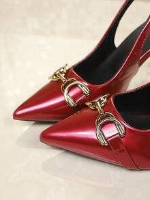 1 Pair Hot Red Pointed Toe High Heel Shoes, Shiny PU Material, Metal Horse Bit Buckle Decor, Closed Toe Back Strap Slip-On Design, Luxury Party Style, Suitable For Dating, Evening Dinner, Party, Daily Commute, Travel And Outdoor Wear - Rouge Casaque - View 7