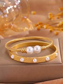 2pcsGolden Tone Stainless Steel 2Pcs Bangle Set, Twisted Cable & Textured Faux Pearl Bangle, Stackable Elegant Wrist Jewelry - Gold - View 3