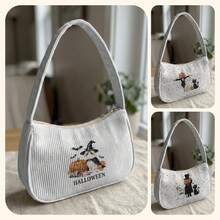 1pc Halloween Theme Print Corduroy Shoulder Bag, Underarm Bag, Large Capacity Storage, Zip Closure Y2K Baguette Handbag For Daily Travel Gift - Multicolor - View 1