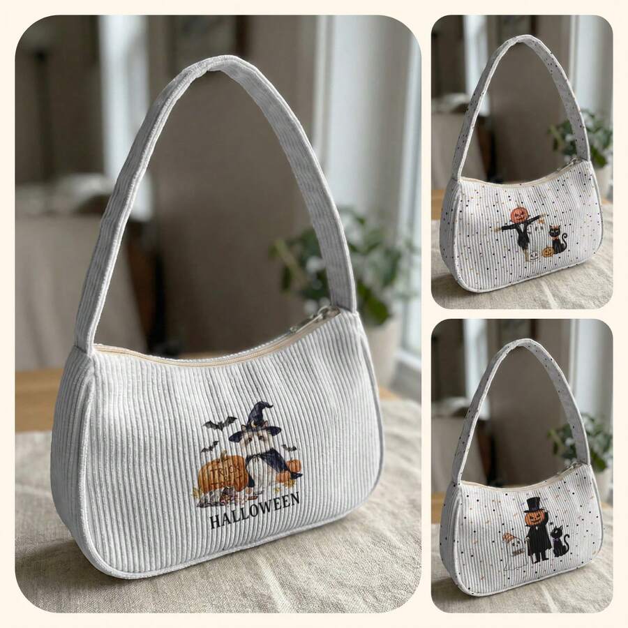 1pc Halloween Theme Print Corduroy Shoulder Bag, Underarm Bag, Large Capacity Storage, Zip Closure Y2K Baguette Handbag For Daily Travel Gift - Multicolor - View 1