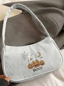 1pc Halloween Jack-O'-Lantern Print Corduroy Shoulder Bag,Underarm Bag, Large Capacity Storage, Zip Closure Y2K Baguette Handbag For Daily Travel Gift - Multicolor - View 15