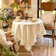 1pc Cream Color French Ins Style Solid Color Princess Style Tablecloth, Minimalist Fresh Dessert Table Cloth, Coffee Table Decorative Cloth, Suitable For Holidays And Daily Decoration - White - View 6