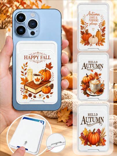 New "HELLO FALL" Autumn Phone Back Card Holder, Magnetic Phone Card Wallet Compatible With Magnetic Phones And Phone Cases, Slim Faux Leather Material, RFID Blocking And Push Card Slot Design, Lightweight Wallet Alternative, Suitable For Travel, Shopping And Daily Carry, Autumn Travel Essential, Perfect Gift For Family And Friends