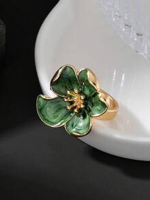 1件女款清新溫柔琺瑯綠色3D花蕊五瓣戒指，適合日常配戴、約會與度假 - 綠色 - 查看 4