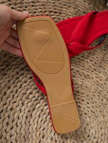New Spring/Summer Women's Red Fabric Square Toe Flat Flip Flops, Casual Fashion Vintage Indoor Slippers Sandals - Red - View 13