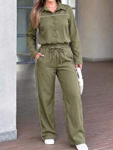 LUNNELUX Combinaison femme automne à col chemise avec passepoil contrasté et jambes larges, tenue décontractée business bureau pour Halloween, rentrée scolaire et retour à l'école - Militaire verte - Voir 7