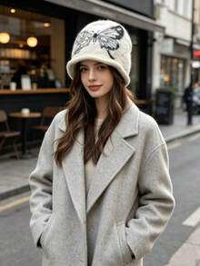 Topi Beanie Berkerut Motif Kupu-kupu Maillard Vintage untuk Wanita, Topi Rajut Hangat Lingkar Kepala Besar Musim Gugur/Dingin, Beanie Longgar yang Membuat Wajah Terlihat Lebih Ramping - MultiWarna - View 3