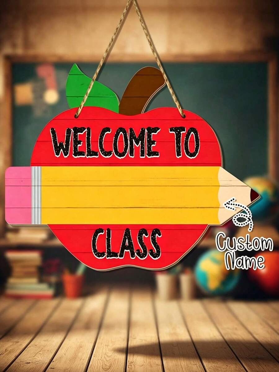 1件入學季木製教室門牌「Welcome To Our Class」客製化教師姓名門掛飾,適合教室正門裝飾(不含筆) - 彩色 - 查看 1