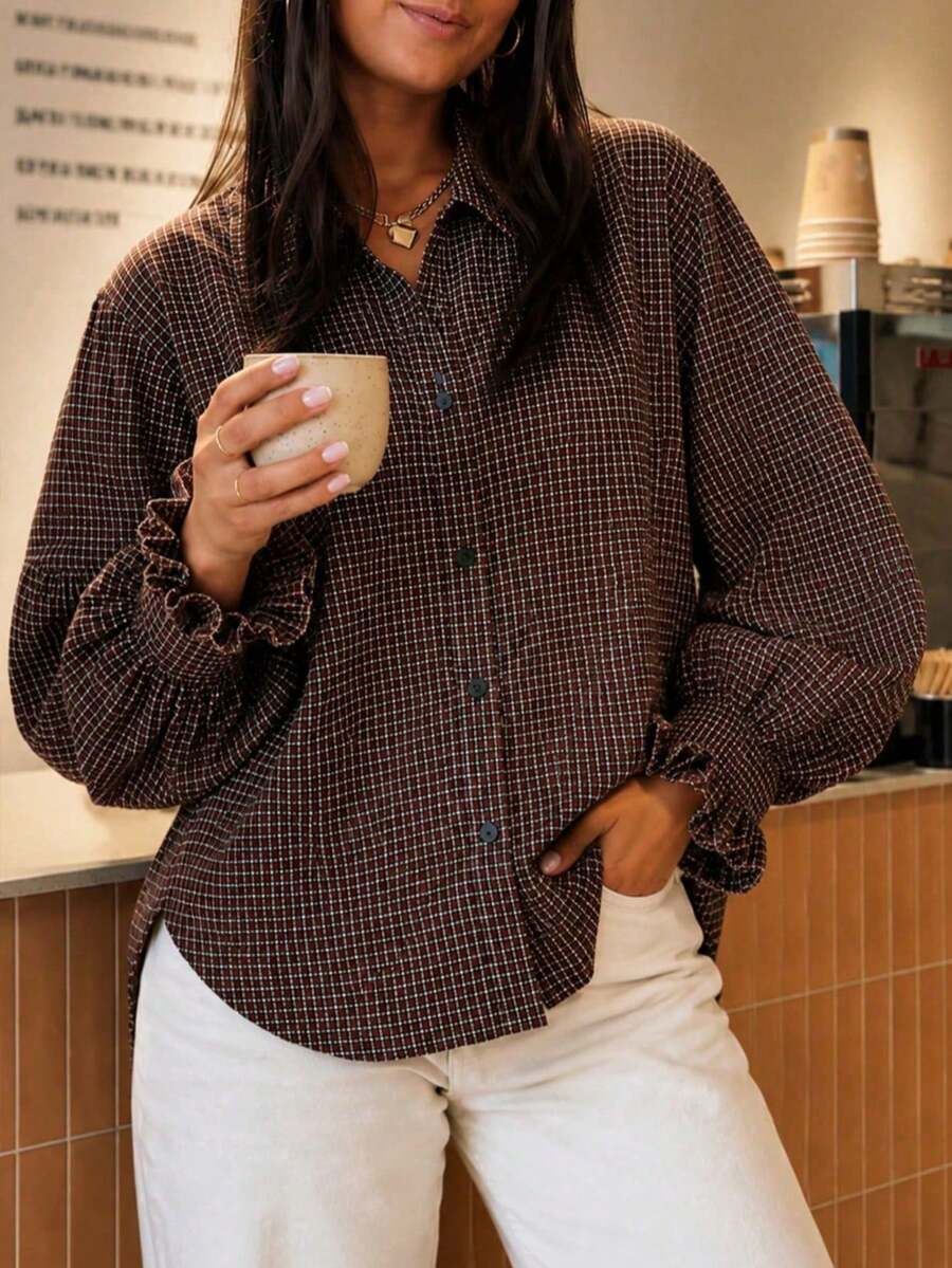 Plus Size Women's Brown Plaid Button Loose Shirt, Ruffle Cuff Top, Suitable For Office, Vacation, Daily Wear, Spring, Autumn, Winter