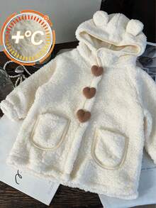 Lurzo Girls' Cute Teddy Bear Ear Hooded Plush Jacket, Heart-Shaped Decor Front Pocket Soft Coat, Suitable For Outdoor Gatherings And Parties - Beige - View 4