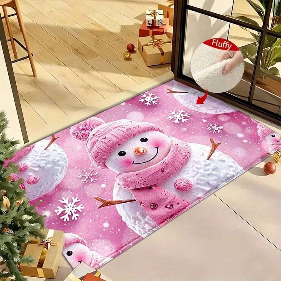 1pc Joyful And Cute Pink Snowman And Snowflake Pattern Microfiber Bath Rug,Non‑Slip Soft Bathroom Mat,Water‑Absorbent Doormat,Machine Washable,For Bedroom,Kitchen,Entryway,Indoor & Outdoor Use,Home Decor,Perfect Holiday Party Gift,Winter Decoration - A - View 1