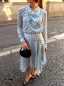 Women's Polka Dot Asymmetrical Hem 2 Pieces Set, Long Sleeve Semi-Sheer Top With Flowy Skirt, Spring Outfit, Non-Stretch Fabric, Comfortable Wear - Blue - View 1