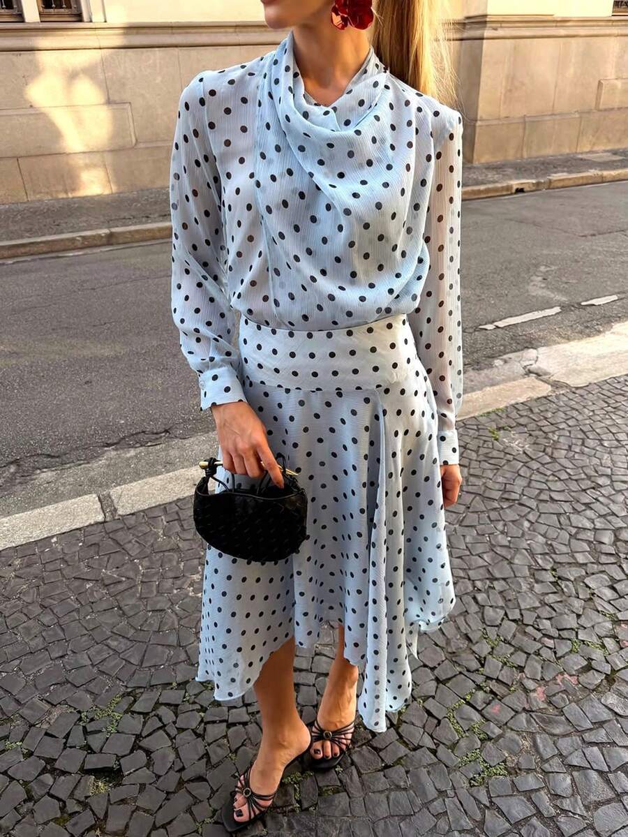 Women's Polka Dot Asymmetrical Hem 2 Pieces Set, Long Sleeve Semi-Sheer Top With Flowy Skirt, Spring Outfit, Non-Stretch Fabric, Comfortable Wear - Blue - View 1