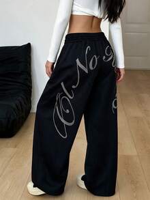 Y2K Style Loose Rhinestone Letter Sweatpants, Autumn Shiny Rhinestone Print Elastic Waist Wide Leg Cuffed Pants, Retro Street Casual Women's Pants - Black - View 1
