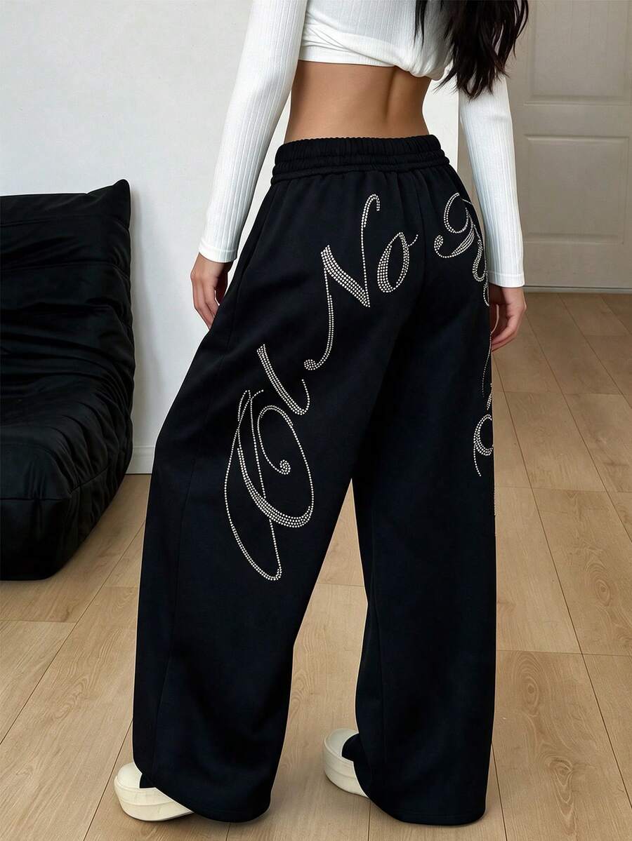 Y2K Style Loose Rhinestone Letter Sweatpants, Autumn Shiny Rhinestone Print Elastic Waist Wide Leg Cuffed Pants, Retro Street Casual Women's Pants - Black - View 1