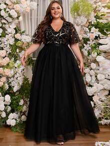 Women Plus Size V-Neck Sequins Evening Party Dress For Wedding Guest Mother Of Bridal Prom Gowns Shinning Ruffle Sleeve Formal Occassion - Black - View 5