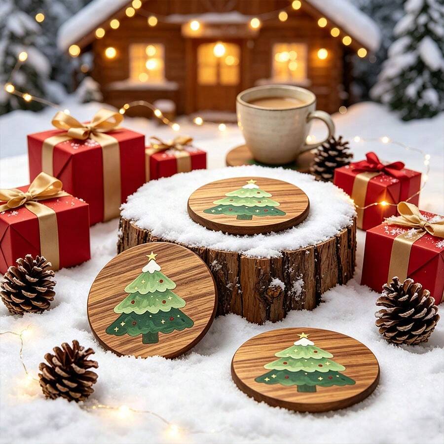 4pcs Set Hand-Painted Christmas Tree Round Wooden Coasters, Winter Coffee Tea Cup Desktop Decor, Exquisite Housewarming And Christmas Gift, Suitable For Home Kitchen, Dining Table And Bar Counter Multi-Scene Decoration - Multicolor - View 1