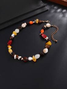 1pc Bohemian Style Multicolor Natural Stone Necklace, Warm Tone Amber Jade Asymmetrical Bead Design, Casual Everyday Versatile Long Necklace For Couples - Gold - View 7