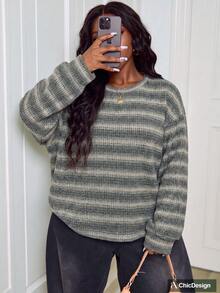 Women's Plus Size Striped Knit Sweater, Medium Stretch, Long Sleeve, Regular Fit, Pullover, Autumn Wear - Multicolor - View 3