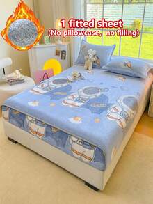 1pc Autumn/Winter Thick Soft Breathable Snowflake Flannel Print Fitted Mattress Cover (Single Fitted Sheet), Instant Warmth Moisture-Wicking Breathable, Non-Slip Mattress Cover, Easy To Remove And Machine Washable, Suitable For All Seasons, 30cm Height, Perfect For Bedroom Decor - Astronaut - View 7