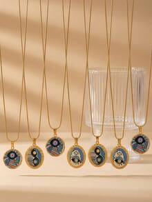 1 Pc Fall Decor 304 Stainless Steel Evil Eye Oval Pendant Necklace, Vintage Enamel Colorful Pattern Snake Chain Necklace Fall Style Jewelry For Women - Necklace - View 7