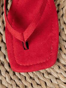 New Spring/Summer Women's Red Fabric Square Toe Flat Flip Flops, Casual Fashion Vintage Indoor Slippers Sandals - Red - View 5