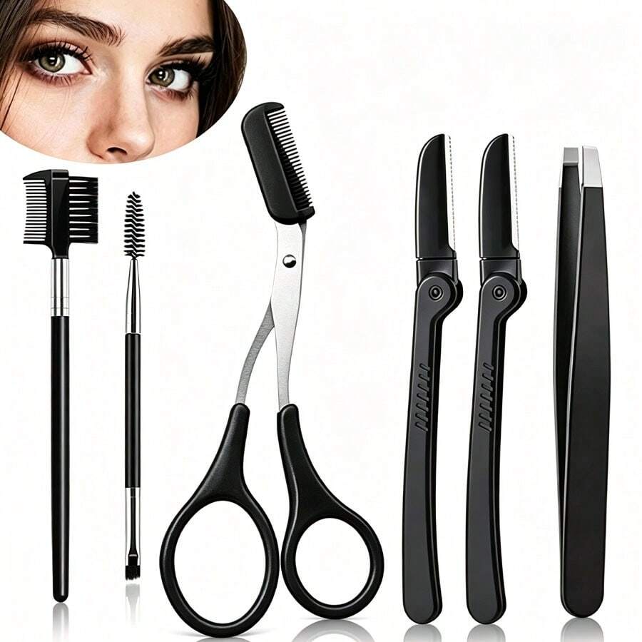 6pcs Tweezers Set, Eyebrow Grooming Kit, Eyebrow Tool Set, Includes Razor, Brush, Scissors, Tweezers, Suitable For Men And Women, Eyelash, Eyebrow, Facial Care - Beauty Tools - View 1