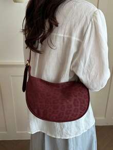 Women's PU Leather Dumpling Bag, Solid Color Crossbody Saddle Bag, Daily Commute Bag With Adjustable Shoulder Strap - Burgundy - View 2