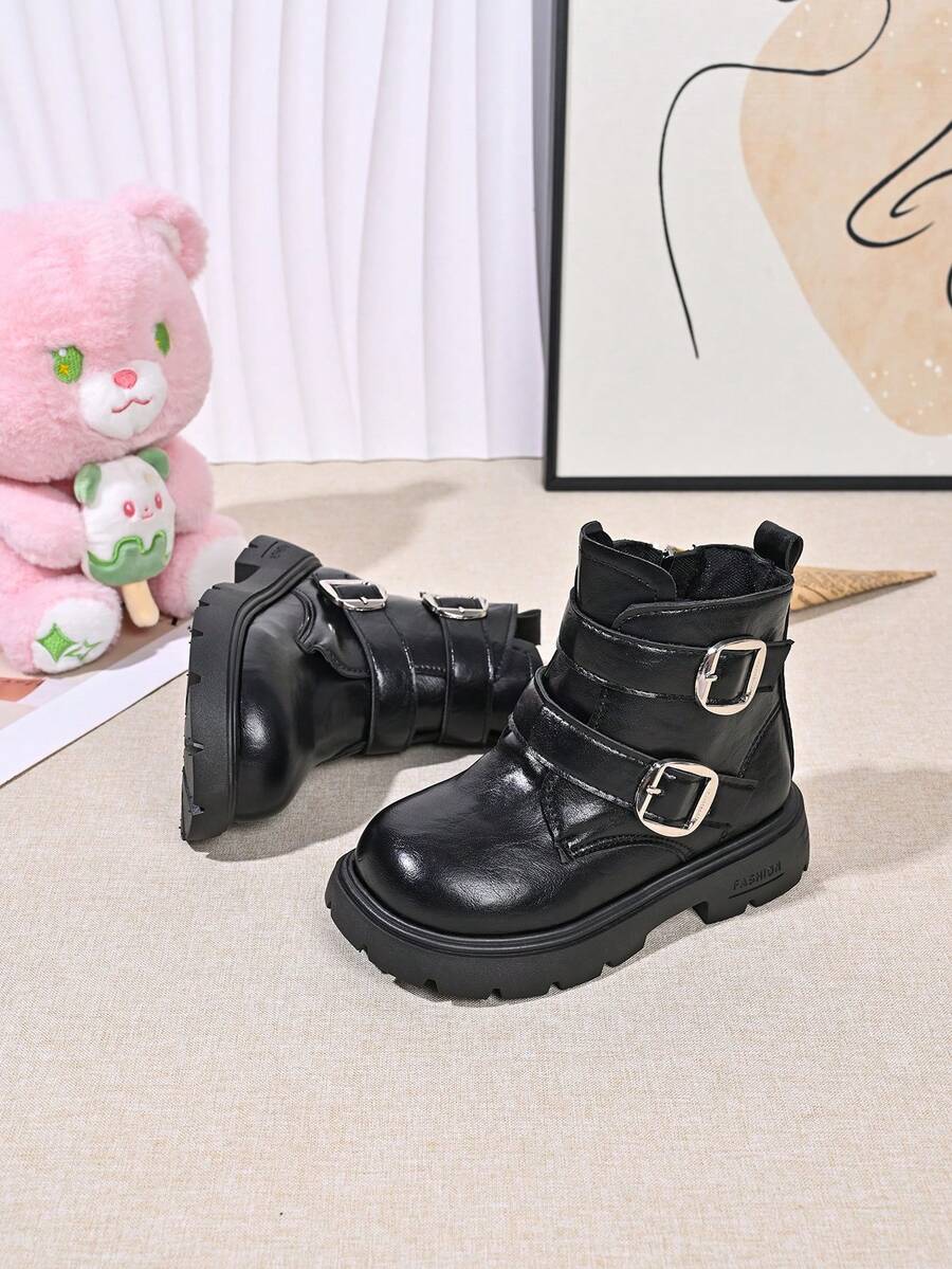 Kids Autumn/Winter Stylish Ankle Boots With Double-Row Button Decor, Thick Sole, Durable, Simple Retro High-Top Boots For Girls - Black - View 1
