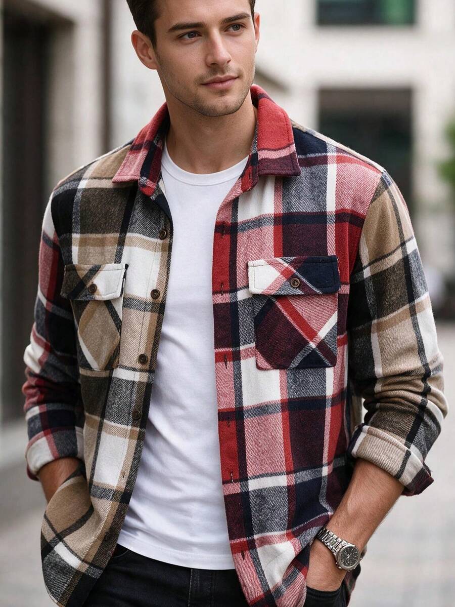 GOLDREDY Men's Spring/Autumn Fashion Versatile Casual Colorblock Plaid Wool Blend Turn-Down Collar Full Button Long Sleeve Shirt Suitable For Commuting And Multiple Occasions - Red - View 1