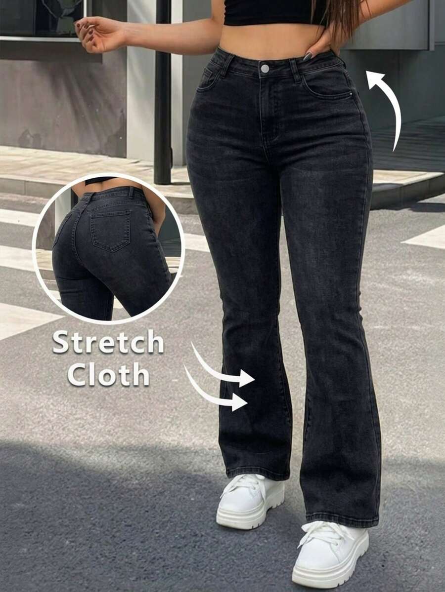 Women's Plus Size Denim Flare Leg Pants, Original Color Wash, Long Pants With Zipper And Pockets, Mid-Stretch, Daily Wear