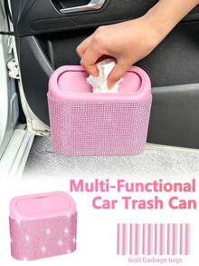 亮粉色附蓋車用垃圾桶，小型車門側掛式垃圾桶，附6捲垃圾袋，亮粉色水晶質感，適用於汽車前後座、居家與辦公室 - A - 查看 1