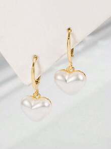 1 Pair Fashion Heart-Shaped Faux Pearl Pendant Earrings, Holiday Jewelry Gift, Suitable For Children's Daily Wear, Mother's Day Gift - Gold - View 3
