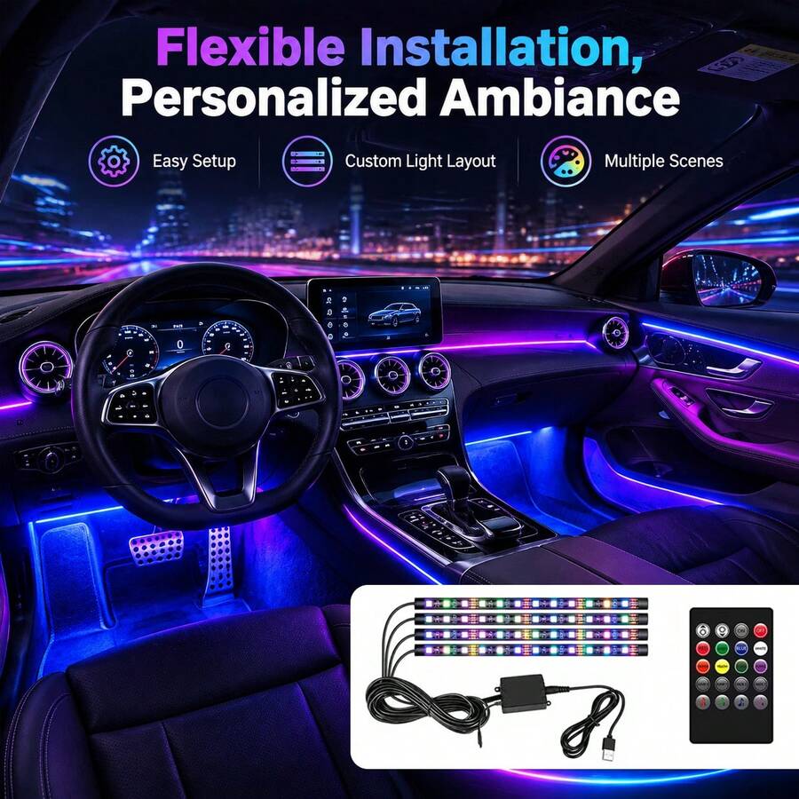 1-2pcs Car RGB 7-Color Decorative Ambient Light, LED Color Changing, Music Sync Interior Lighting Kit, USB Powered, Suitable For Car/Truck/SUV/Home/Internet Cafe/Entertainment Room And More, Halloween/Christmas Decoration - A - View 1