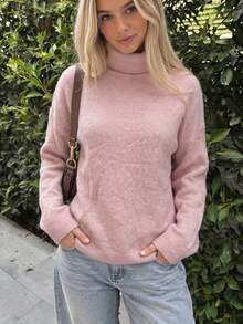 Pull oversize en maille rose clair à col roulé pour femme, épaules tombantes, manches longues, coupe ample, style décontracté - Rose bonbon - Voir 8