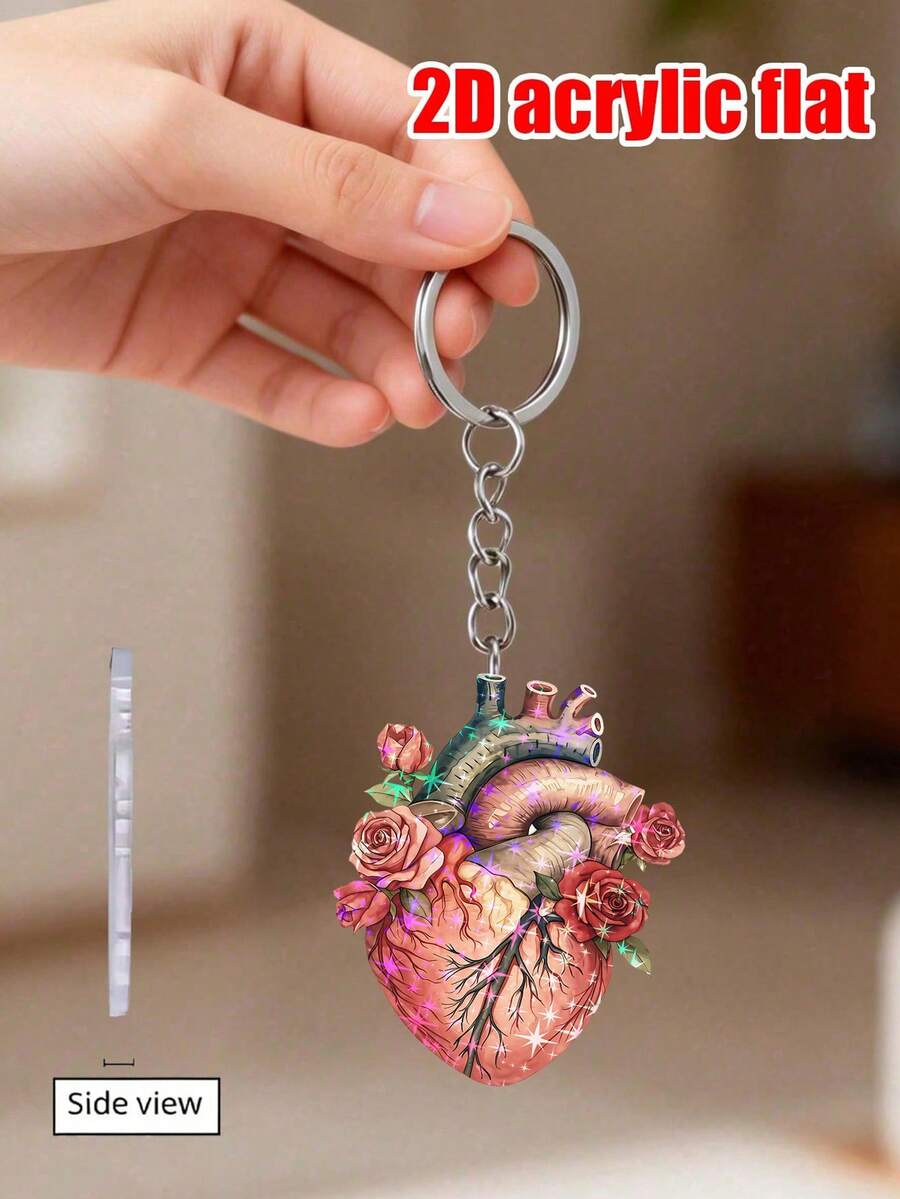 2D Flat Acrylic Pendant With Rose Floral Pattern, Keychain With Artery Pattern. Fashionable Bag Charm, Cardiologist Gift, Nurse Medical Student Gift, Car Keychain, Birthday Gift, Holiday Party Gift, Medical Student Graduation Souvenir, First Aid Training Completion Gift - Multicolor - View 1