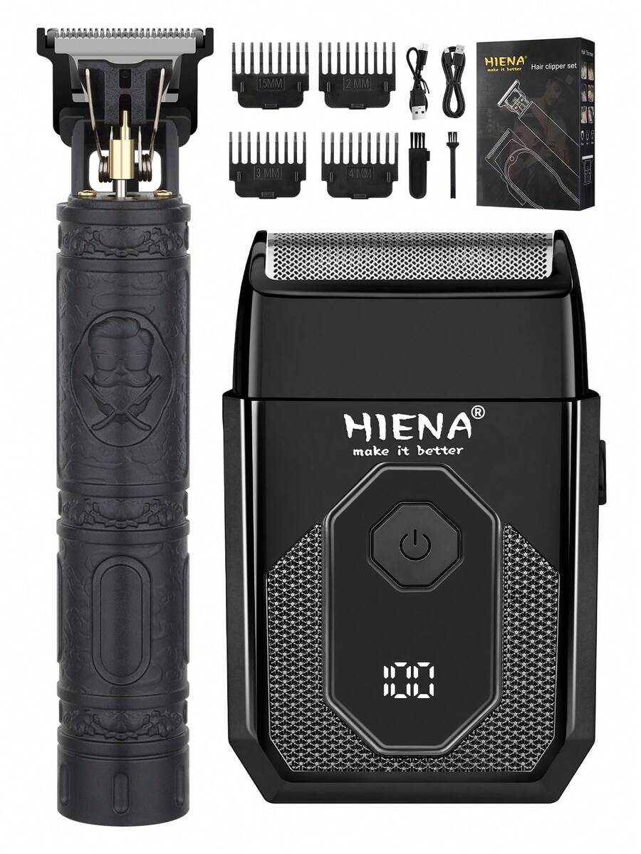 HIENA 電動刮鬍刀套組 往復式刮鬍刀 黑色光滑外觀 適用於刮鬍、修剪鬢角、造型,配備 4 個限位梳和清潔刷,男士理容套裝 - 黑與白 - 查看 1
