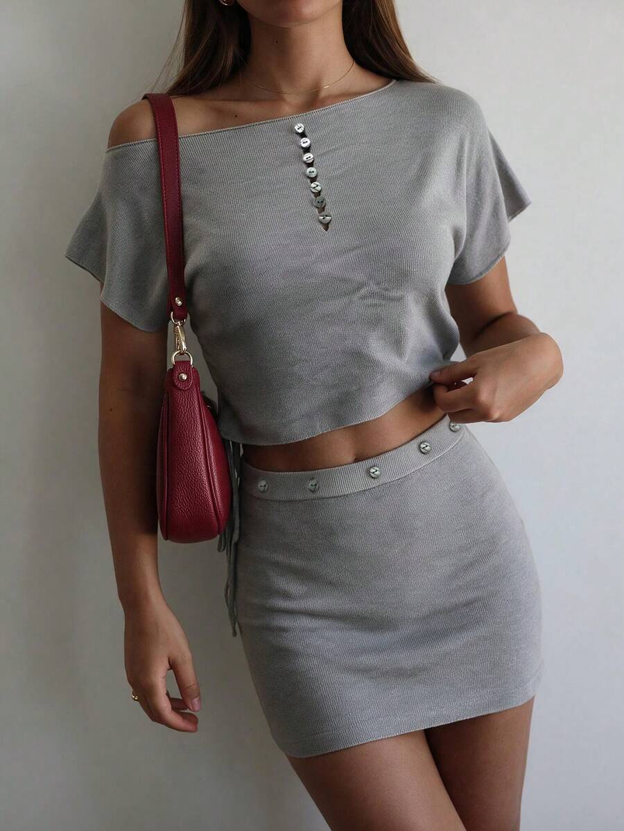 Women Ribbed Knit 2‑Piece Outfit, Asymmetrical Neck Rhinestone Button Short Sleeve Top + Mini Skirt Set - Grey - View 1
