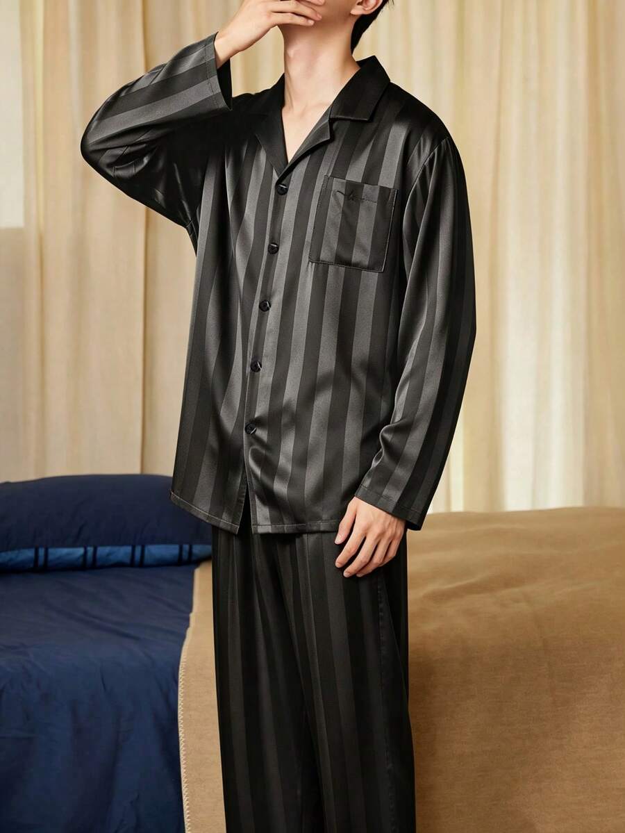Gongdie 2pcs/Set Men's Pajama Set, Autumn/Winter Striped Silky Soft Loungewear With Pockets - Coffee Brown - View 1
