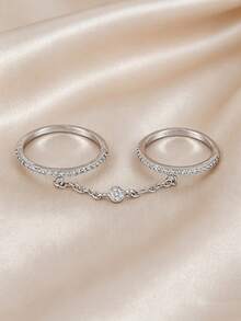 1pc Elegant Cubic Zirconia Chain Linked Ring, Suitable For Women's Daily, Wedding, Party, Gathering - Silver - View 6
