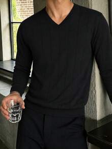 Men's Autumn/Winter Fashion Versatile Striped Slim Fit Regular Shoulder V-Neck Long Sleeve Knit Top Long Sleeve T-Shirt Suitable For Daily Commute - Black - View 2