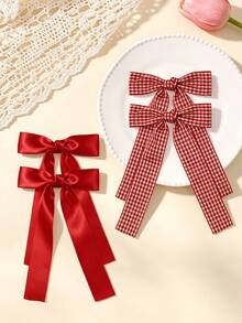 4pcs/Set Women's Solid Color Satin With Striped Plaid Ribbon Bow Hair Clips, Minimalist Style, Suitable For Daily Wear And Outings - Multicolor - View 1