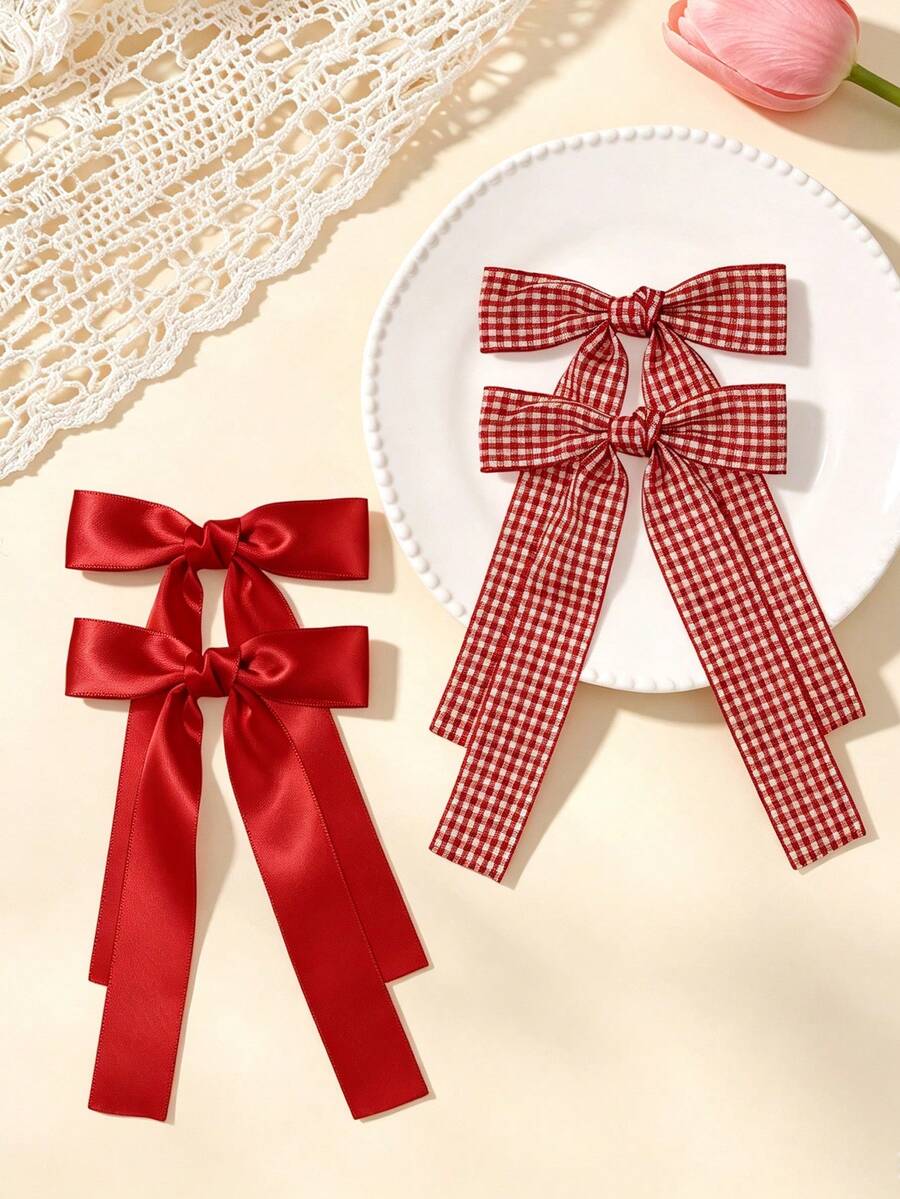 4pcs/Set Women's Solid Color Satin With Striped Plaid Ribbon Bow Hair Clips, Minimalist Style, Suitable For Daily Wear And Outings - Multicolor - View 1