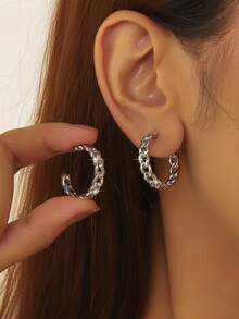 1 par de elegantes pendientes de aro con cadena tejida en forma de C brillante, adecuados para uso diario, vacaciones, desplazamientos y fiestas - Pendientes en forma de C - Ver 4