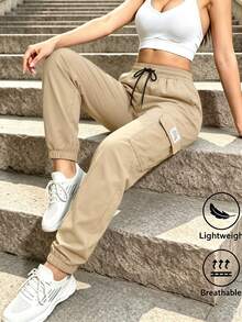 AIbart Women's Letter Print Denim Cargo Pants, Tapered Leg, Outdoor Casual Long Pants For Spring And Autumn - Khaki - View 1