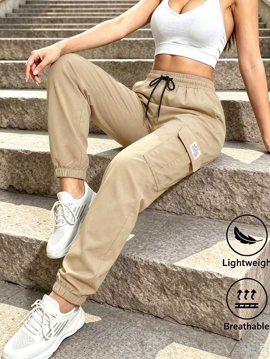 AIbart Women's Letter Print Denim Cargo Pants, Tapered Leg, Outdoor Casual Long Pants For Spring And Autumn - Khaki - View 1