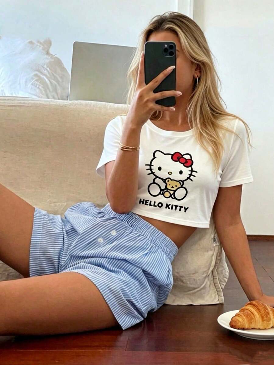 SANRIO 2pcs Women's Stitch Print Round Neck Short Sleeve Top + Straight Leg Elastic Waist Shorts Loungewear Set